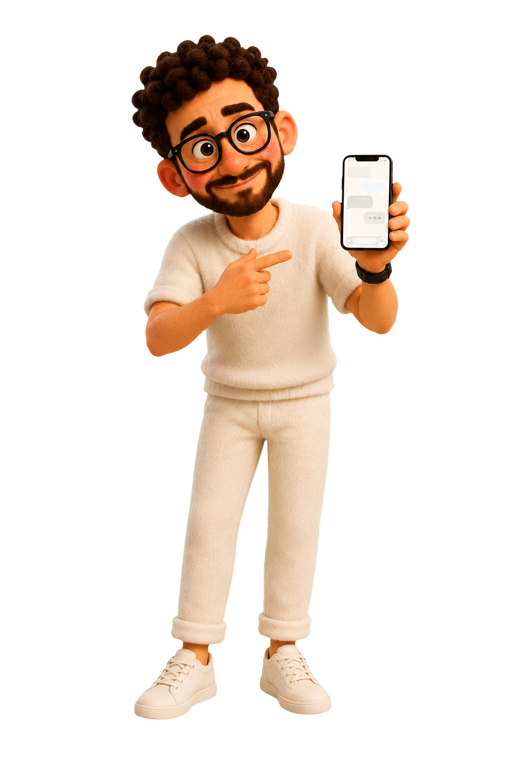 Mascote Otto sorrindo, segurando um celular e apresentando o assistente